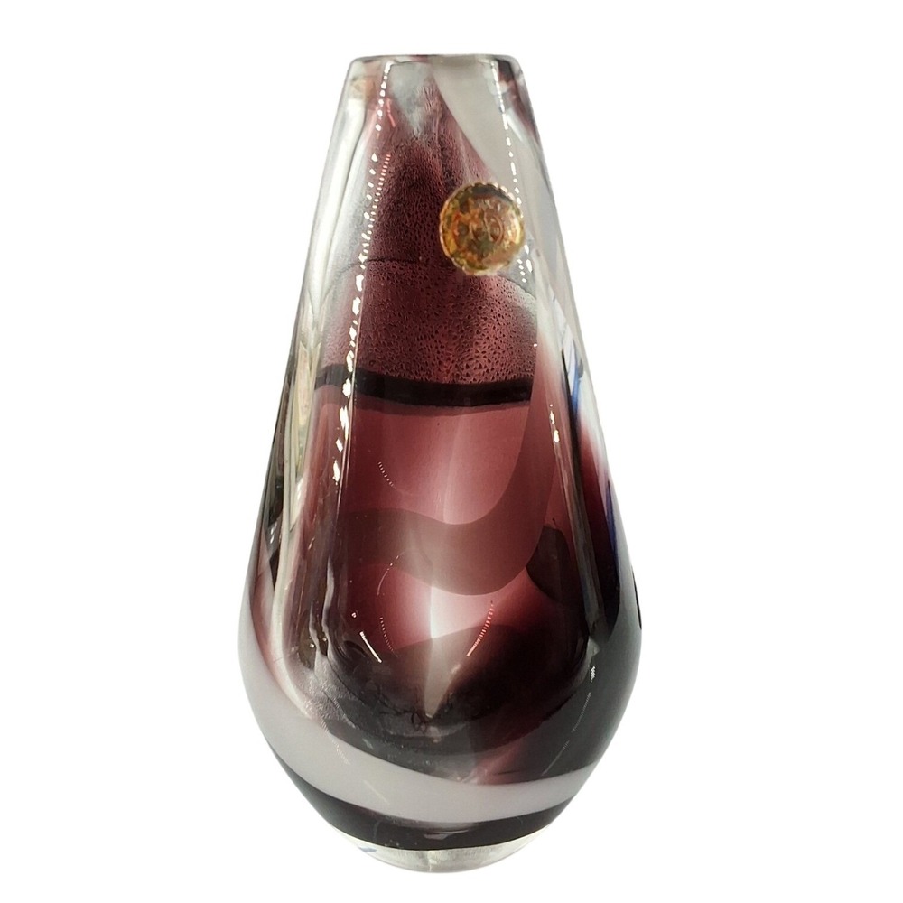 Vintage Art Glass Bud Vase Purple White Swirl Teardrop Sommerso Style 6.25"